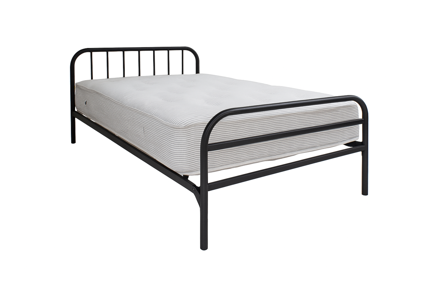 Black metal bed frame with white mattress on a white background