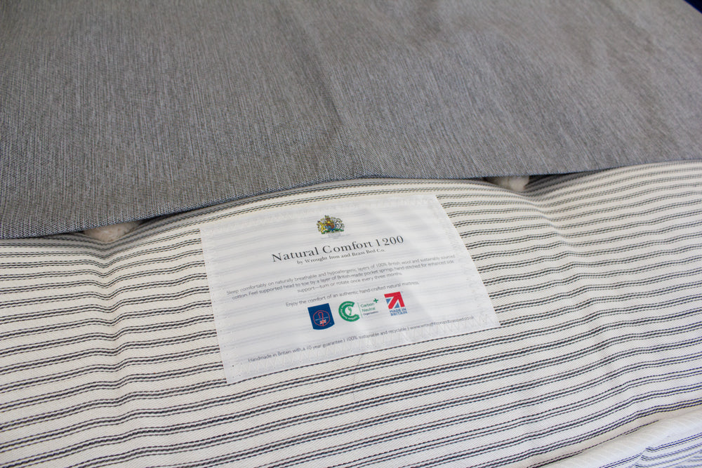 Textile product with a label on a gray background