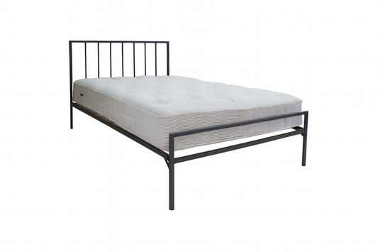 Black metal bed frame with white mattress on a white background